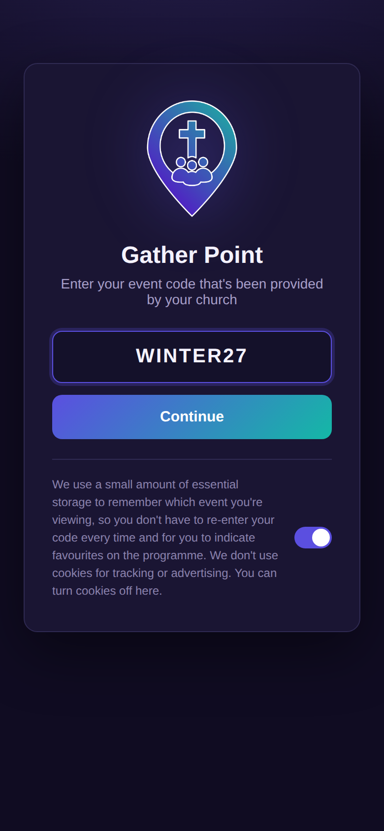 Gather Point's attendee entry screen